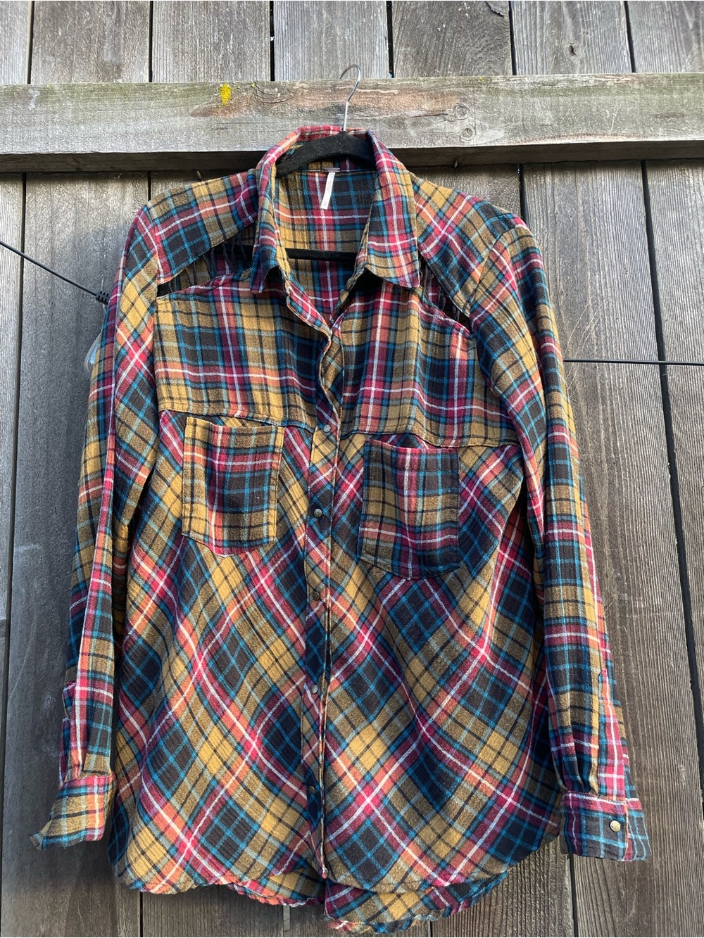 Free People Plaid Button-Down Shirt in Yellow, red, Blue, Green